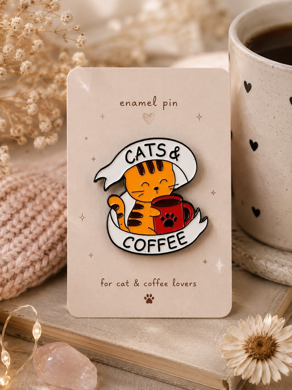 Cats & Coffee Enamel Pin - Orange Cat with Red Mug New